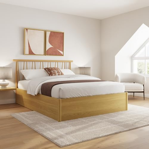 GFW Fusum King Size Oak Ottoman Bed Frame, Rubberwood Storage Bed with Spindle Headboard and Gas Lift Ottoman Base