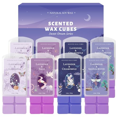 SCENTORINI Duftwachs für Duftlampe, Duftwachswürfel 8 Stück | Lavendel und Sandelholz, Salbei, Kamille, Jasmin Düfte Duftwachswürfel, Sojawachs Wax Melts für Kerzen Wärmer, 4 x 70.9g