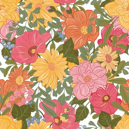 VaryPaper Pink Yellow Flower Wallpaper Floral Contact Paper Self Adhesive Patterned Sticky Back Plastic 44.5cmx200cm Girls Wallpaper for Bedroom Hallway Cupboard Shelf Lining Paper Furniture Wrap