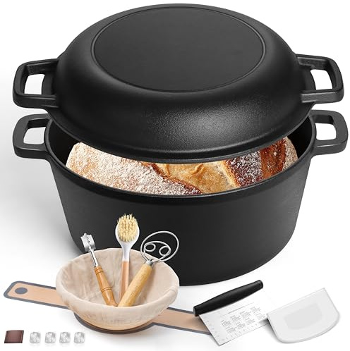 E-far 5QT Dutch Oven zum Brotbacken, 2-in-1 Gusseisentopf mit geschicktem Deckel & Sauerteig-Starterset, Brotofenpfanne mit Backzubehör zum Braten, Schmoren, Grillen, Rostfrei & Strapazierfähig