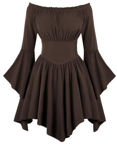 SCARLET DARKNESS Women's Off Shoulder Renaissance Pirate Bell Sleeve Dress | Medieval | Elf Outfit | Steampunk | Gothic | Witch | Hidden Side Zipper | Side Pockets | Full Lining | Viking Dress| Festival