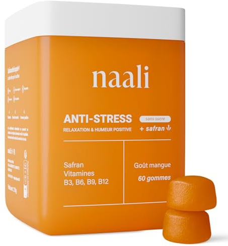 Naali Gummies Anti Stress Safran Vitamines B3 B6 B9 B12 – 60 Gommes - Fatigue, Soutien de l’Humeur, Énergie Mentale – Sans Sucre, Goût Mangue – Complément Bien-Être, Équilibre Intérieur