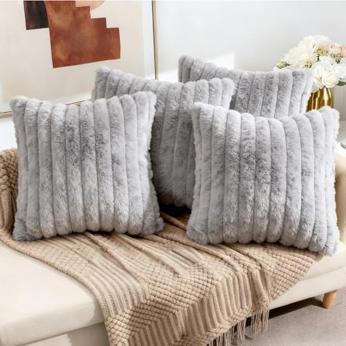 Wusboo Plüsch Samt Kissenbezug 40x40, Weiche Samt Hellgrau Deko Kissen, Flauschige Kissen Dekorative Kissenbezüge 40x40 4er Set mit Verdecktem Reißverschluss für Sofa, Schlafzimmer, Zuhause und Auto