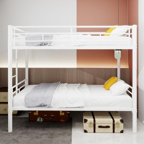 A ALFRESCOOL Stockbett, Bunk Bed, Twin über Twin Metall Etagenbett, Metallstruktur Bettgestell mit Leitern&Geländer, Convertible 2 Betten, Keine Feder Box Erforderlich, 195 * 103 * 156cm (Weiß)