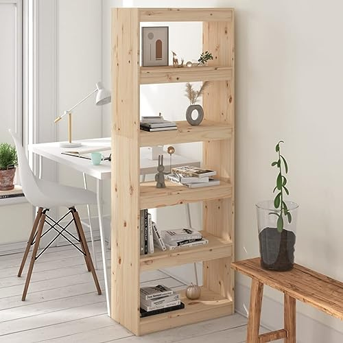 KTHLBRH Schlankes Bücherregal aus Massivholz Kiefer mit 5 Fächern – Stauraum für Bücher, Zeitschriften, DVDs und Deko – Robustes Raumteiler Regal für Flur und Wohnbereich