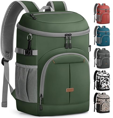 Pritent Mochila térmica para hombres y mujeres, mochila impermeable aislada, a prueba de fugas, mochila ligera para almuerzo, camping, playa, viajes, picnic (cuero verde, grande)