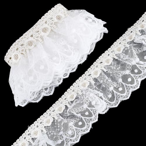 WADORN 1.83m Weiße Rüsche Spitze Träger 9.5cm Weit Vintage Spitze Plissierter Rand Stoff Stickerei Blume Rüsche Nähen Träger für DIY Handwerk Nähen Projekte Hochzeit Brautkleid Herstellung Dekoration