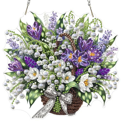 MXJSUA Korb Frühlingsblumen Diamond Painting Anhänger für Erwachsene, Diamond Painting Fensterbilder für Adults, Bastelset Kreativ Set Hängend Ornament Geschenke Tür Fenster Wand Decor