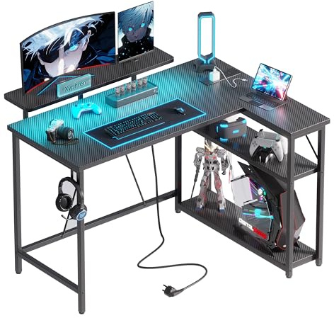 Xyphren Mesa Gaming en Forma de L con Luces LED RGB y Tomas de Corriente, Pequeño Escritorio de Ordenador de 100 x 80 cm con Estantes Regulables, Negro