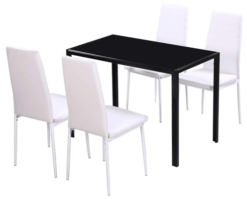 5-tlg. Essgruppe Schwarz und Weiß mit gehärtetem Glas Tisch und Kunstleder Stühlen, modern platzsparend für Esszimmer, Küche, Essbereich, robustes Metallgestell, komfortables Sitzmöbelset