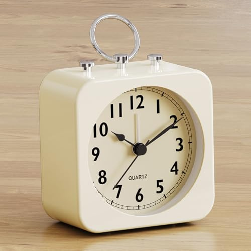 AYRELY® Battery Operated Analogue Alarm Clock, Small Square Retro Metal Table Clock with Light, Silent Non-Ticking Desk Clock for Bedroom, Bedside or Shelf (Ivory)