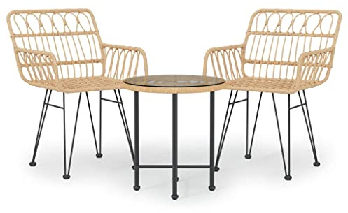 Owoxanthellate 3-TLG. Garten-Essgruppe Poly Rattan, Bistro-Set mit 2 Stühlen und Tisch mit Hartglasplatte, Gartenmöbel für Balkon und Terrasse, Stabile Stahlkonstruktion, Sitzgruppe