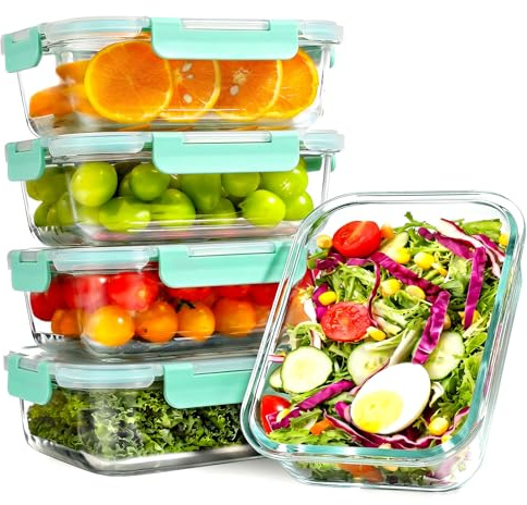 YASHE 5 Pack Glass Containers with Lids, 1040ml Thick & Durable Food Containers - Stackable Airtight Glass Meal Prep Containers, BPA-Free Food Storage for Microwave, Oven, Freezer and Dishwasher,Green