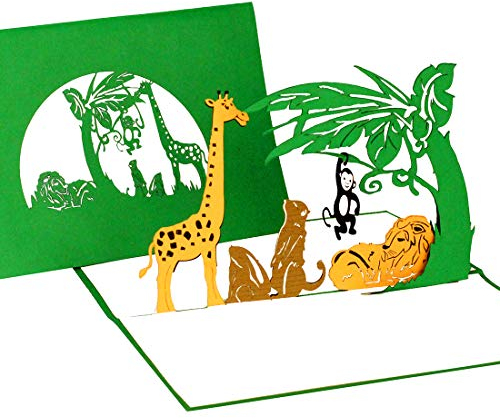 3D Pop Up Karte Tiere im Zoo - Geburtstagskarte, Einladungskarte, Gutschein Kindergeburtstag Zoo mit Löwe, Giraffe & Affe