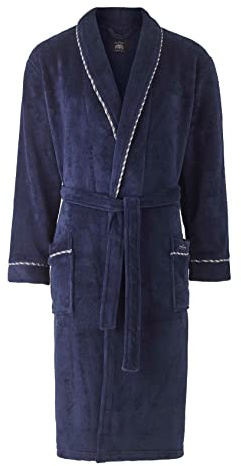 THE SAVILE ROW COMPANY LONDON Men's Lightweight Super Soft Warm Fleece Bath Robe Dressing Gown - Navy Rope Edge Plain - Small
