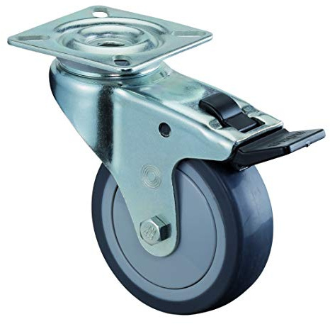 BS-Rollen A320.A85.050 Lenkrolle mit Platte und Totalfeststeller, Gummi grau Lauffläche, Kugellager, 50mm Rad, 73mm Bauhöhe