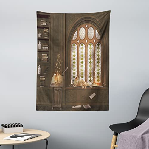 ABAKUHAUS Bibliothek Wandteppich, Mittelalterliche Bibliothek Katze aus Weiches Mikrofaser Stoff Waschbar ohne Verblassen Digitaldruck, 110 x 150 cm, Taupe