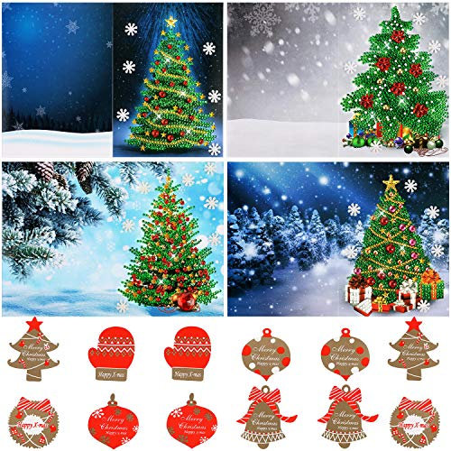 4 Stücke Weihnachten Karten 5D DIY Diamant Malerei Grußkarten Weihnachtsbaum Karten mit Weihnachten Aufklebern für Weihnachten Gruß Geschenke