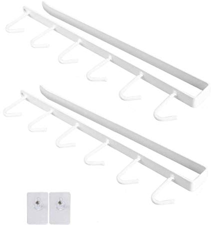 Voarge 2 ganci per riporre bicchieri da vino, utensili da cucina, cravatte e sciarpe, ganci per appendere bicchieri, ganci senza forare per 6 tazze (bianco)
