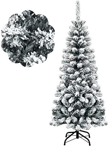 COSTWAY 140/180/225cm Bleistift Weihnachtsbaum mit Schnee, künstlicher Tannenbaum mit Metallständer, Christbaum PVC Nadeln, Kunstbaum Weihnachten Klappsystem Grün (140cm)