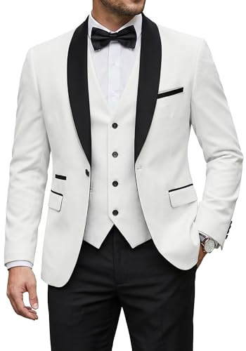 YND Men's 3 Piece Tuxedo Set with Bow Tie, Slim Fit One Button Shawl Lapel Suit Blazer Vest Pants, for Wedding Prom Dinners, Black Collar White