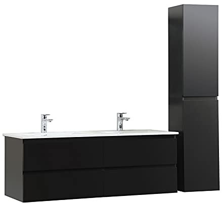 MOB-IN Meuble Double Vasque 120cm avec Plan céramique Sorrento Noir + Colonne