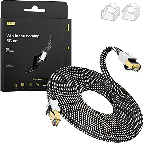 Folishine Câble Ethernet Cat8 8M, cordon de raccordement LAN tressé en nylon haute vitesse, câble plat blindé RJ45 40Gbps 2000Mhz, pour modem/routeur/commutateur, plus rapide que Cat5e/Cat6/Cat7