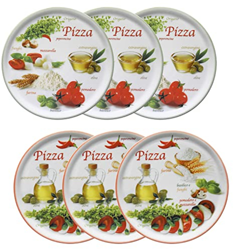 MamboCat Lot de 6 assiettes à pizza Napoli Green & Red Ø 32 cm I Assiettes en porcelaine blanche avec motifs colorés pour servir des antipasti et des tomates mozzarella I Assiettes à pizza Assiettes à