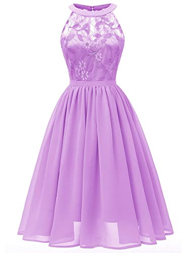 Abito da sera elegante, per matrimonio, da donna, con allacciatura al collo, in chiffon, da cocktail, viola., M