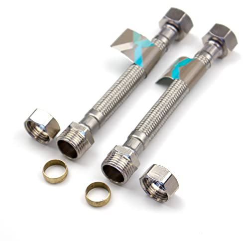 Xcel Home™ 2 x 1/2 BSP x 15mm Compression (150mm Long) Flexible Tap Connector Pipes | Monobloc Tap Connectors Kitchen Sink/Bathroom Basin Flexi Pipe Tails