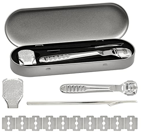 Skyzone Gratte-pieds en acier inoxydable pour enlever la peau dure Kit de rasoir pour callosités Aiguiseur de callosités pour outils de soins des mains et des pieds avec 10 lames de rechange Argent