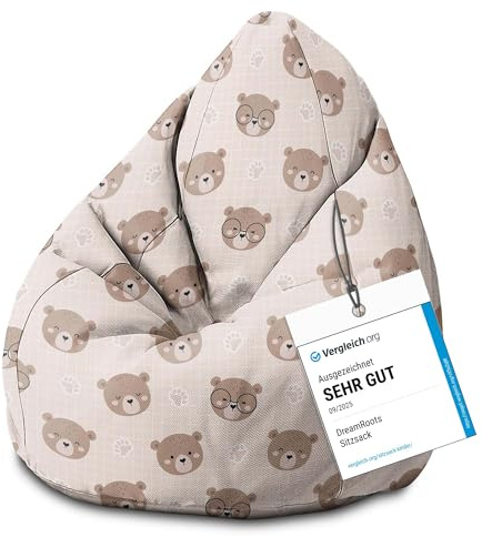 DreamRoots Sitzsack Kinder 70x70x105, Cute Bear | Bean Bag Kinder mit Lehne, Hocker & Bezug, Sitzkissen Boden, Bubibag, mit Füllung, Kinderzimmer
