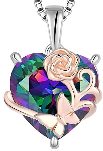 YL Collier Rosé Cœur Argent 925 taillé Pierre de guérison Arc-en-ciel Noir Papillon Pendentif pour Femme