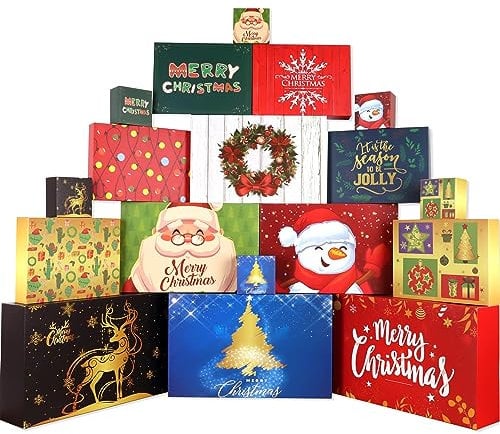 Weihnachts Geschenkboxen mit Deckel für Geschenke-18 Stück Sortierte Weihnachts Verpackungsboxen für Kleidung, Große Geschenkbox Pappe Große Karton 4 Größen, Kraftbox Set 12 Muster mit 18 Aufklebern