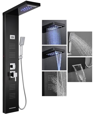 304 Stainless Steel Shower Column 5 Function KEOKBON Bathroom Shower Tower System with Waterfall Rainfall Hand Spray Body Massage Jets Bath Spout LED Light Celsius Temperature Display, Black