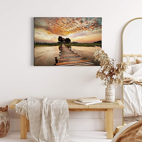 A.S. Création Leinwandbild Steg am Fluss - Kunstdruck blau beige orange - 70x50 cm Querformat - moderne Wanddekoration Schlafzimmer Wohnzimmer Küche - Bild auf Keilrahmen
