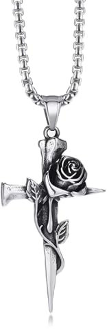 KunBead Mens Cross Rose Necklace 60cm Punk Vintage Stainless Steel Pendant Birthday Necklace for Women