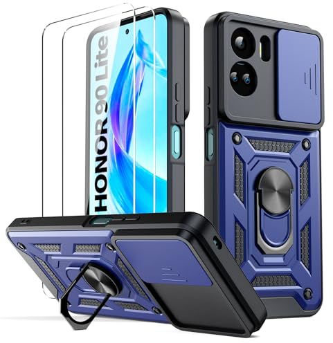 Vansdon - Coque pour Honor 90 Lite 5G, [2 Protecteur Verre Trempé] avec Couvercle Coulissant de Caméra, Support d’Anneau Rotatif, Coque de Protection Antichoc Anti-Rayures - Bleu