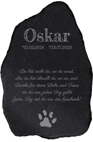 Schiefertafel Gedenktafel mit Gravur für Haustiere ''Pfotenabdruck'' - personalisierbar - 30x19 cm - imprägnierte Grabplatte aus Natur Schiefer mit Trauerspruch