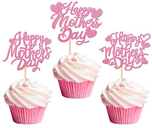 Xsstarmi 30 Pack Happy Mother's Day Cupcake Toppers Glitter Heart Best Mom Cupcake Picks for Happy Mother's Day Theme Mother's Birthday Party Cake Decorations Supplies Pink