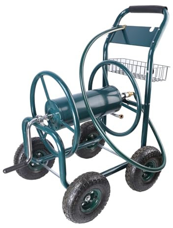 SPOFLYINN Gartenschlauchtrommelwagen, tragbarer 4-Rollen-Wasserschlauchtrommelwagen mit Aufbewahrungskorb, robuster Wasserschlauchhalter, Trolley für Hof, Garten, Bauernhof, Grün, wie abgebildet