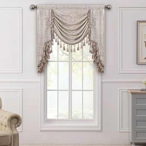 TOPLUXE Swag Volant Vorhang für Schlafzimmer Esszimmer Wohnzimmer Küche, Damast Kurzstore Waterfall Volant-Vorhang für Fenster 1 Stück (Breite 100cm, Beige & Gold)