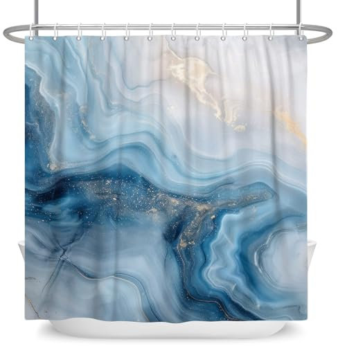 ASDCXZ Marmor Duschvorhang Blau 180x200 cm, Modern Abstrakt Blau Weiß Gold Verlauf Marmor Optik Textur Waschbar Bad Duschvorhänge Polyester Textil Wasserdicht Duschvorhang für Badewanne mit 12 Haken