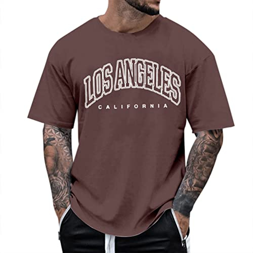 Tshirt Herren Oversize T-Shirt Kurzarm Rundhals Lose Sommer Oberteile Mode T-Shirt mit Los Angeles Palme Grafik T Shirts Vintage Drucken Streetwear Männer Sportshirts Braun 3XL