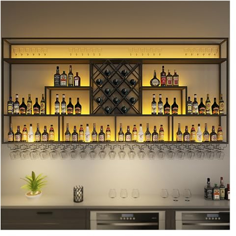 Grand Étagère À Vin De Bar Mural Porte-bouteilles Murale Avec Éclairage LED Range Bouteille Avec Porte-Verres Support Bouteilles Vin Fer Casier À Bouteilles Pour Cuisine Restaurant Cave À Vin Bar-Home