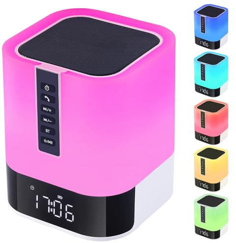 Hetyre Wireless Bluetooth Speaker for Bedroom, 48 Color Changing Bedside Lamp with 12/24 Hours Digital, Night Light Alarm Clock, MP3 Music Player, Touch Sensor, Gifts