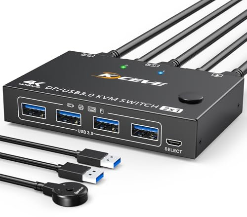 YOUTINGHDAV Switch KVM USB 3.0 2 PC 1 Monitor Displayport, KVM Switch Displayport 4K@144Hz, USB Displayport Switch per 2 parti di PC, 4 dispositivi USB 3.0, tastiera mouse monitor con cavo remoto