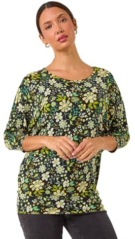 Roman Blouson Top for Women UK Ladies Drop Shoulder Long Sleeve Jersey Stretchy Oversized Casual Office Jumper Soft Everyday Sweater Lounge Sweatshirt Blouses - Green Black - Size 12