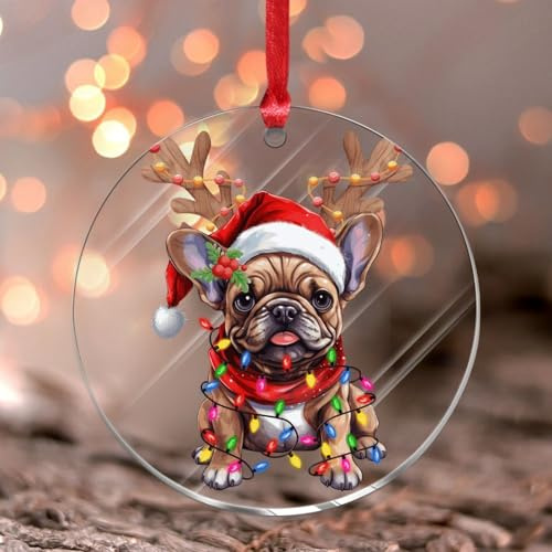 Französische Bulldogge mit Geweih, Weihnachtsdekoration, Tierbild, Haustierwelpe, runder Weihnachtsbaum, Ornament, Andenken, Haustier-Porträt, Bulldogge, Boxer, Acryl-Weihnachtskugel für festliche
