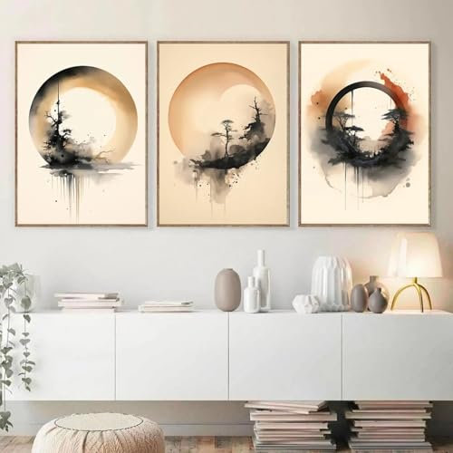 XINBAO Boho Minimalist Enso Kreis Landschaft Abstraktes Poster Wandkunst Bilder Leinwandgemälde für Wohnzimmer Inneneinrichtung 80x110cmx3 Rahmenlos